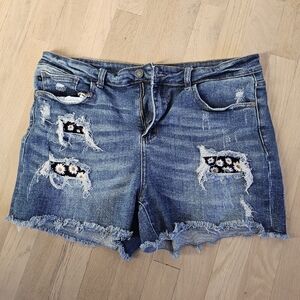 Denim Distressed Women Shorts with Floral Accents
